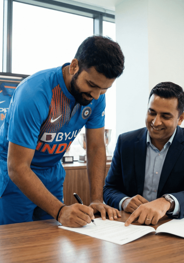 A professional cricketer in a blue Team India jersey stands at a desk, smiling while signing a document. A business executive in a dark suit sits beside him, pointing to the paper to guide the signature. In the background, a shelf displays silver trophies and a framed blue jersey hangs on the wall.