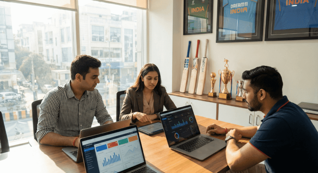 Team members collaborating around a conference table with laptops, reviewing performance dashboards in a modern office with sports awards in the background
