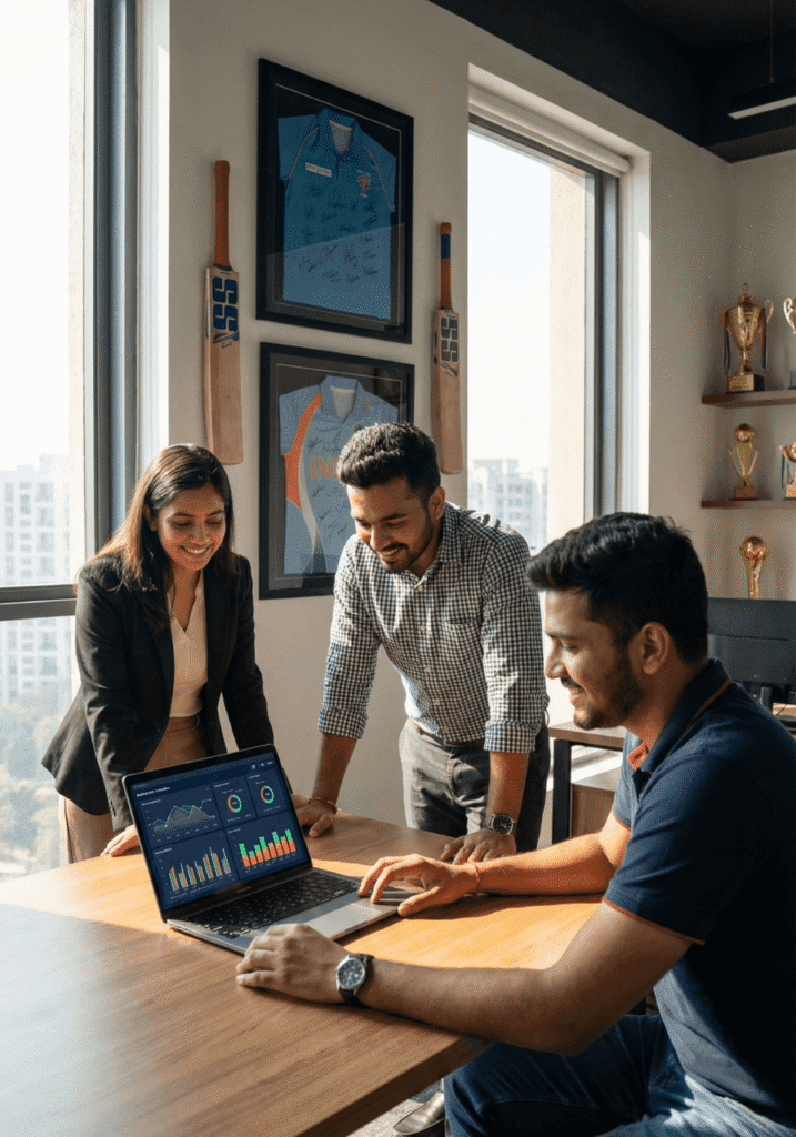Team members collaborating around a conference table with laptops, reviewing performance dashboards in a modern office with sports awards in the background.