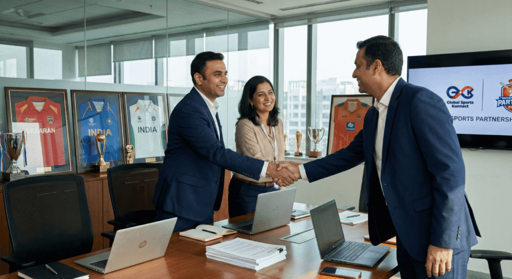 Business leaders shaking hands during a formal partnership meeting in a modern corporate office with awards displayed in the background