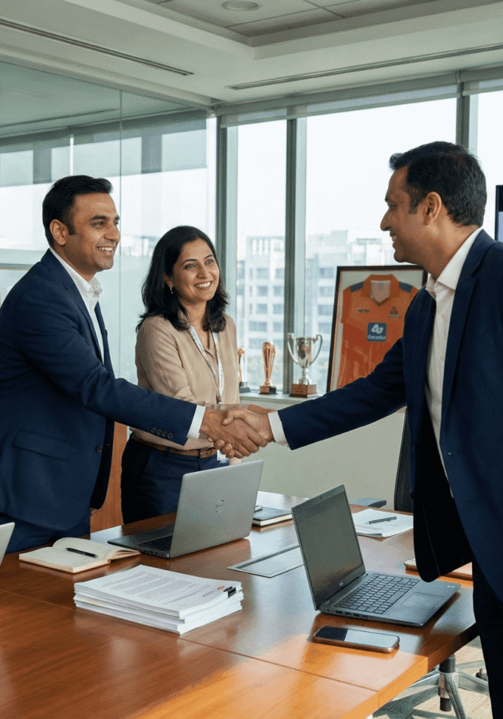 Business leaders shaking hands during a formal partnership meeting in a modern corporate office with awards displayed in the background