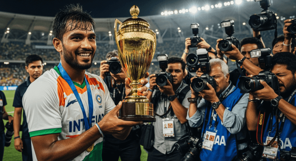 An Indian cricketer holding a championship trophy on the field as photographers capture the victory moment.