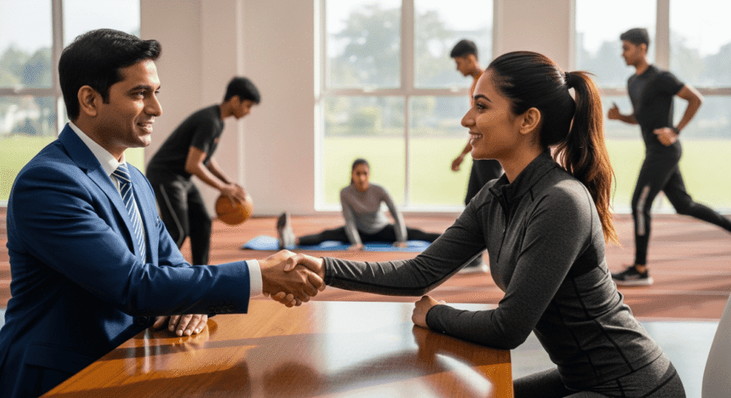 A professional handshake between a business executive and a fitness professional in a modern sports facility.