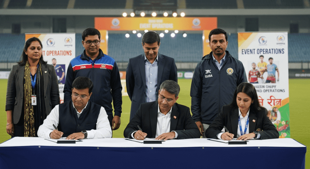 Officials and representatives signing a formal agreement at a sports stadium during an official event.