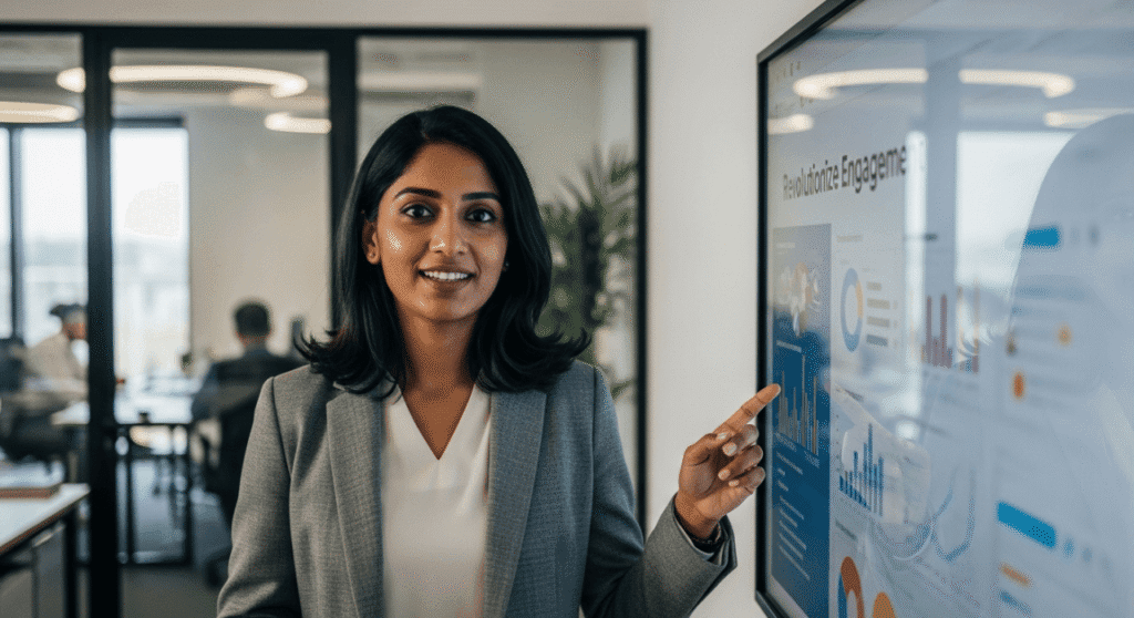 A business professional presenting data insights on a digital screen in a modern office environment.