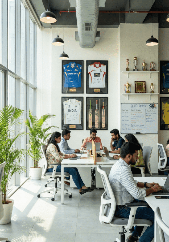 Modern open office workspace with team members working collaboratively at desks and standing tables, laptops in use, and plants creating a vibrant work environment