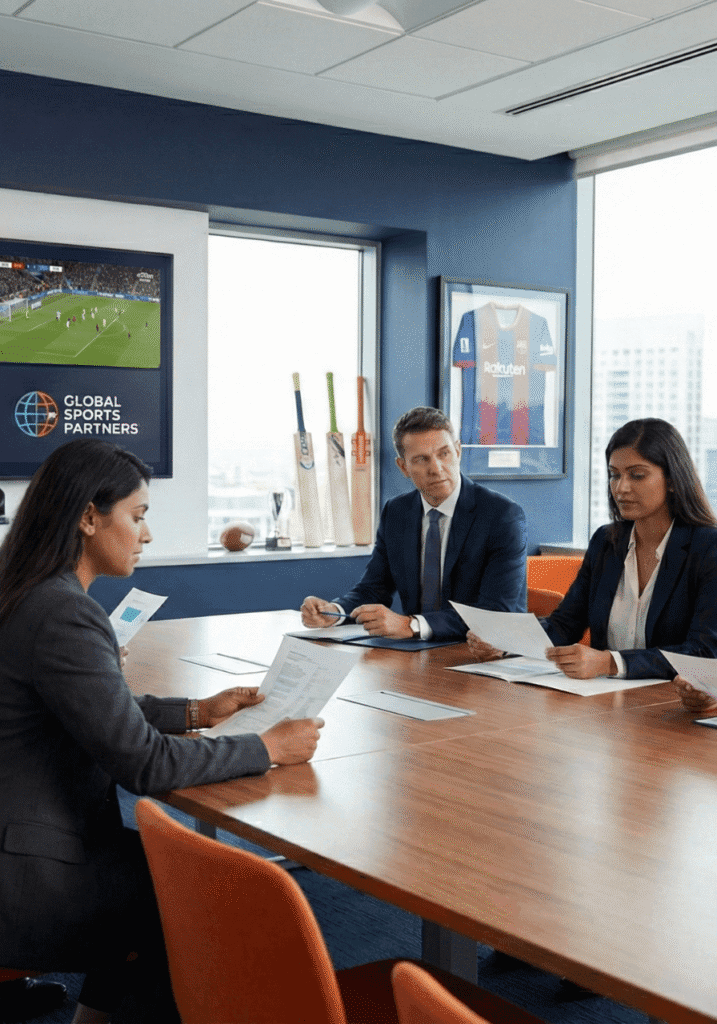 Vertical shot of three business professionals seated at a conference table. In the foreground, a woman in a grey suit reviews a document. Across the table, a man and woman in blue suits read reports. The background features a screen showing a soccer match and the 'Global Sports Partners' logo, along with cricket bats and a framed jersey.