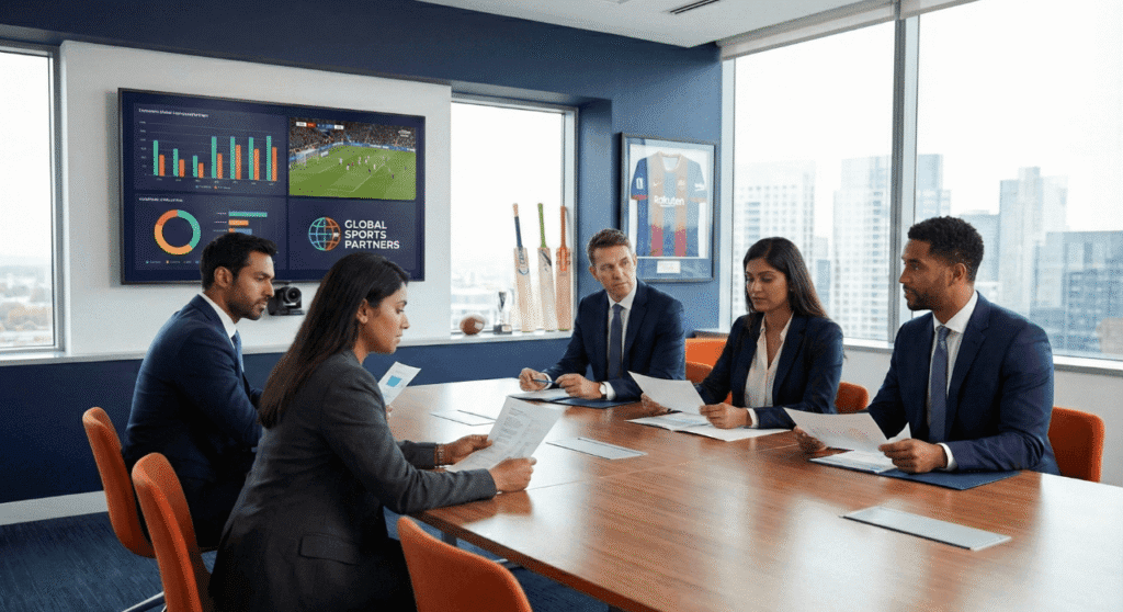 Five professionals in business attire sit around a long wooden conference table reviewing documents. Behind them, a large wall-mounted screen displays data visualization charts, a soccer match, and the logo 'Global Sports Partners.' The room features sports memorabilia like cricket bats and a framed jersey, with large windows overlooking a city skyline.