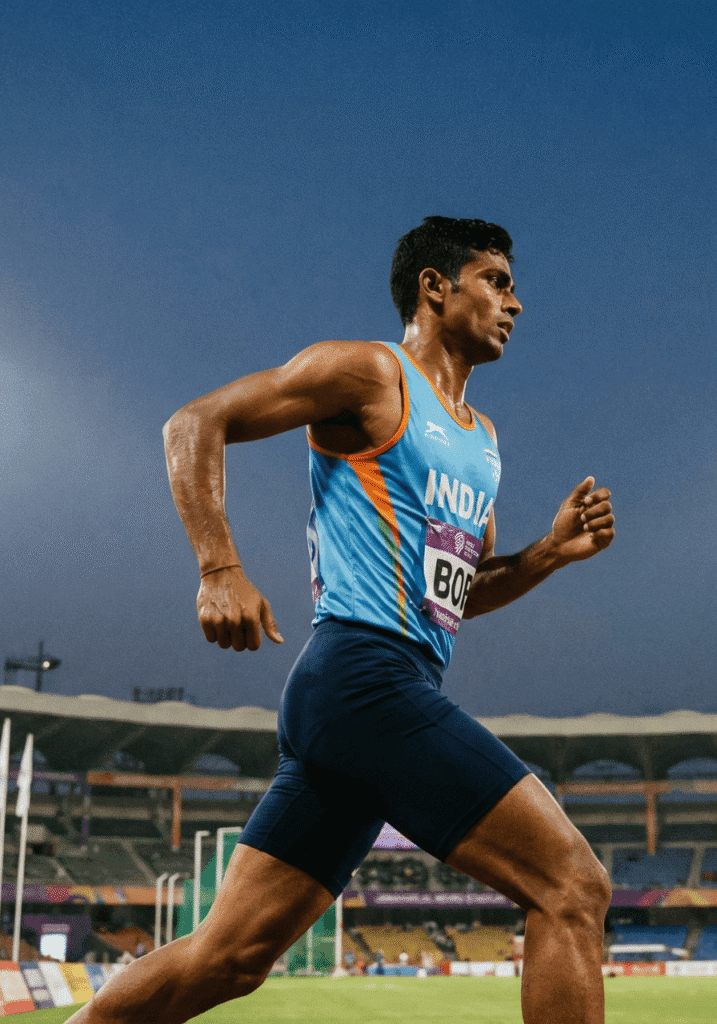 Low-angle shot of an Indian male track athlete sprinting in a stadium at night. He wears a blue 'Team India' jersey and navy shorts. Bright stadium floodlights and Indian flags are visible in the background against a twilight sky.