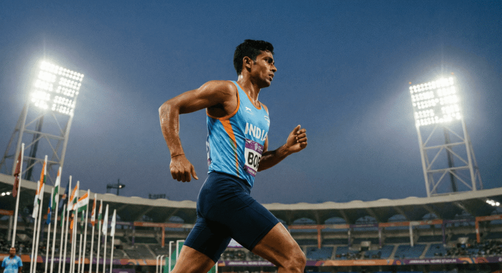 Low-angle shot of an Indian male track athlete sprinting in a stadium at night. He wears a blue 'Team India' jersey and navy shorts. Bright stadium floodlights and Indian flags are visible in the background against a twilight sky.