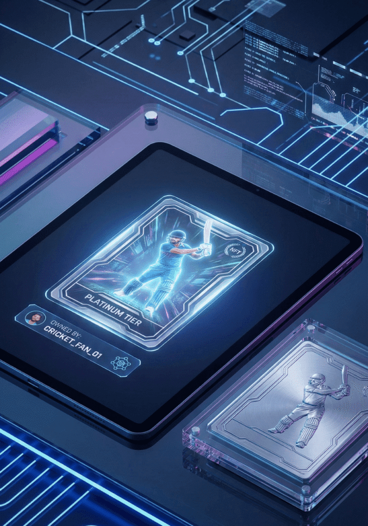 A high-tech digital display featuring a tablet screen showing a "Platinum Tier NFT" of a cricket batsman. Next to the tablet sits a matching physical metal card encased in glass. The scene is set against a futuristic, glowing blue background with data charts and a world map.