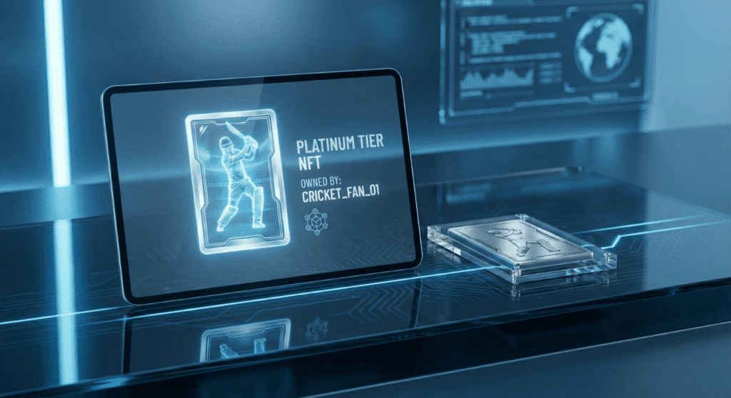 A high-tech digital display featuring a tablet screen showing a "Platinum Tier NFT" of a cricket batsman. Next to the tablet sits a matching physical metal card encased in glass. The scene is set against a futuristic, glowing blue background with data charts and a world map.