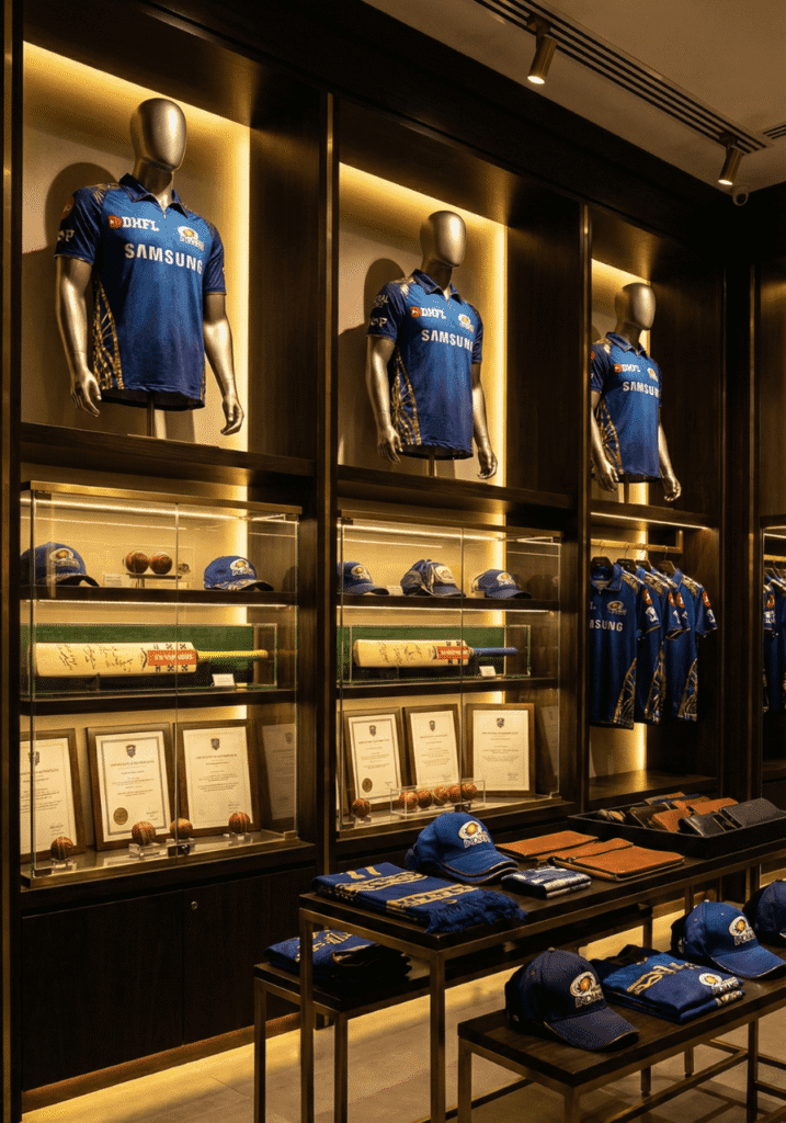 A luxurious, wood-paneled retail space dedicated to cricket memorabilia and apparel. On the left, glass cabinets display a framed cricket bat and gloves, while low cases hold cricket balls on red velvet cushions. In the center, a circular wooden island displays mannequins wearing blue and cream polo shirts. On the right, illuminated shelves showcase caps, bags, and folded accessories.