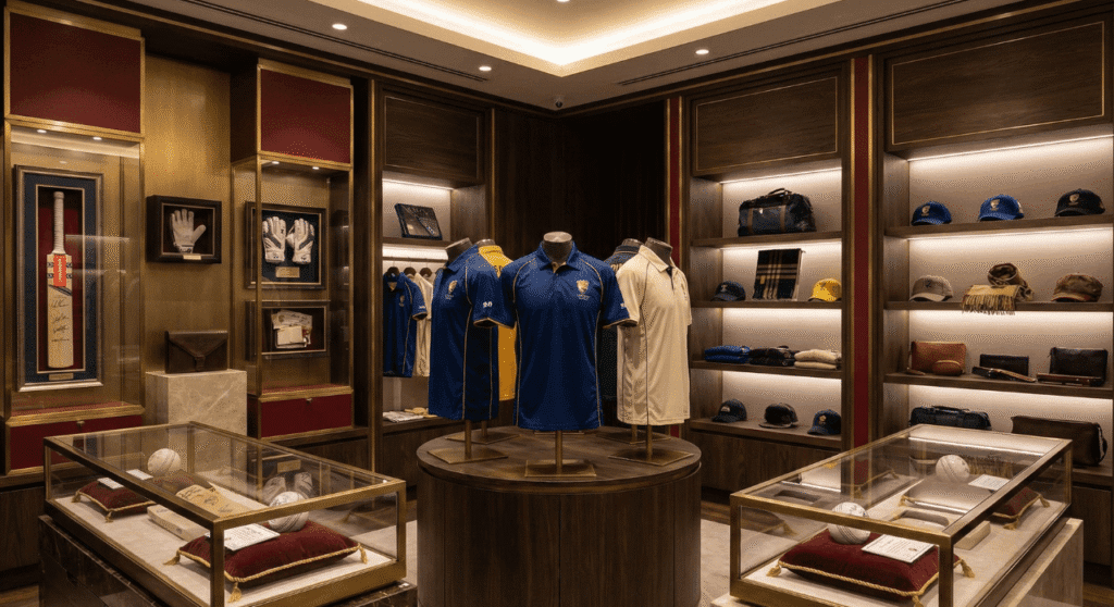 A luxurious, wood-paneled retail space dedicated to cricket memorabilia and apparel. On the left, glass cabinets display a framed cricket bat and gloves, while low cases hold cricket balls on red velvet cushions. In the center, a circular wooden island displays mannequins wearing blue and cream polo shirts. On the right, illuminated shelves showcase caps, bags, and folded accessories.