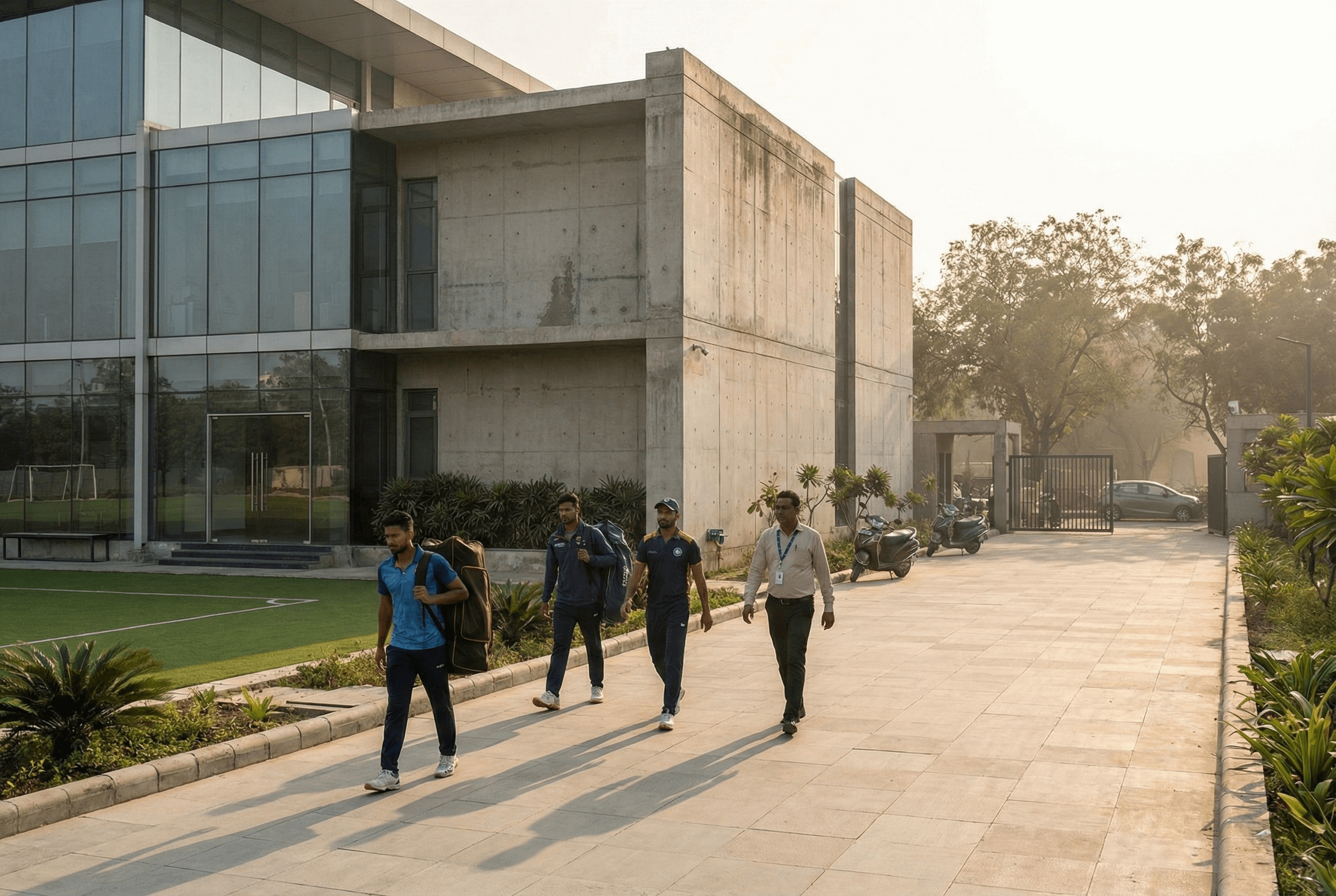 Four men walking along a tiled pathway outside a modern concrete and glass building. Three of the men appear to be athletes carrying large sports equipment bags, while the fourth man wears business casual attire with an ID lanyard. To their left is a green turf field, and the late afternoon sun casts long shadows on the ground.