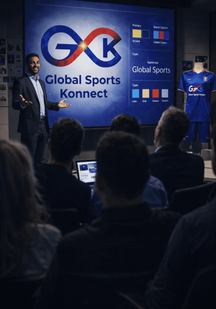 A male presenter stands in front of a large screen displaying the 'Global Sports Konnect' logo and brand color palette. He gestures towards the screen while addressing an audience seated in a darkened conference room. To the right, a mannequin wears a blue sports jersey with the text 'LIONS'