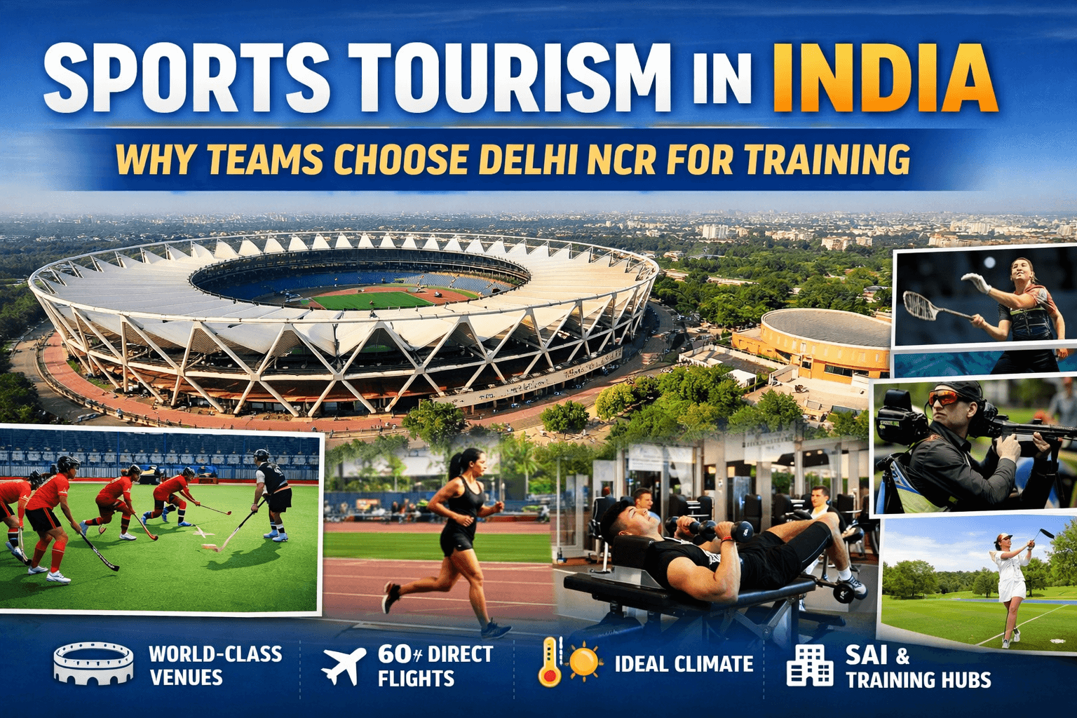 Sports tourism in India infographic showing Delhi NCR training facilities, JLN Stadium, and international athletes.