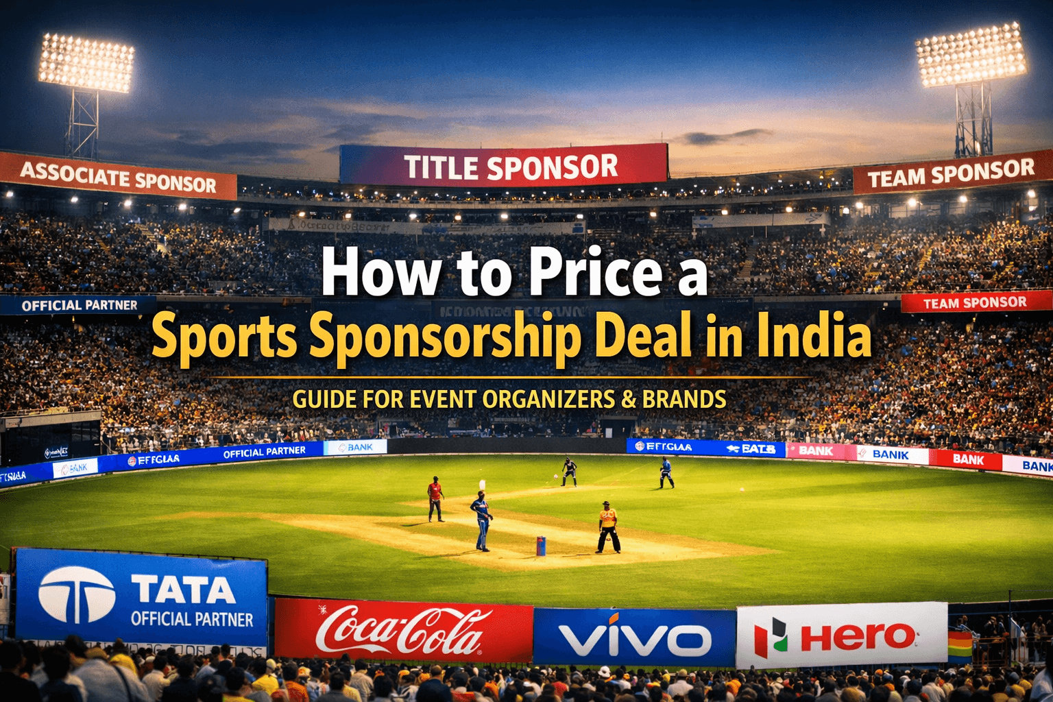 Sports event sponsorship deal in India pricing guide banner with branded stadium and sponsorship tiers