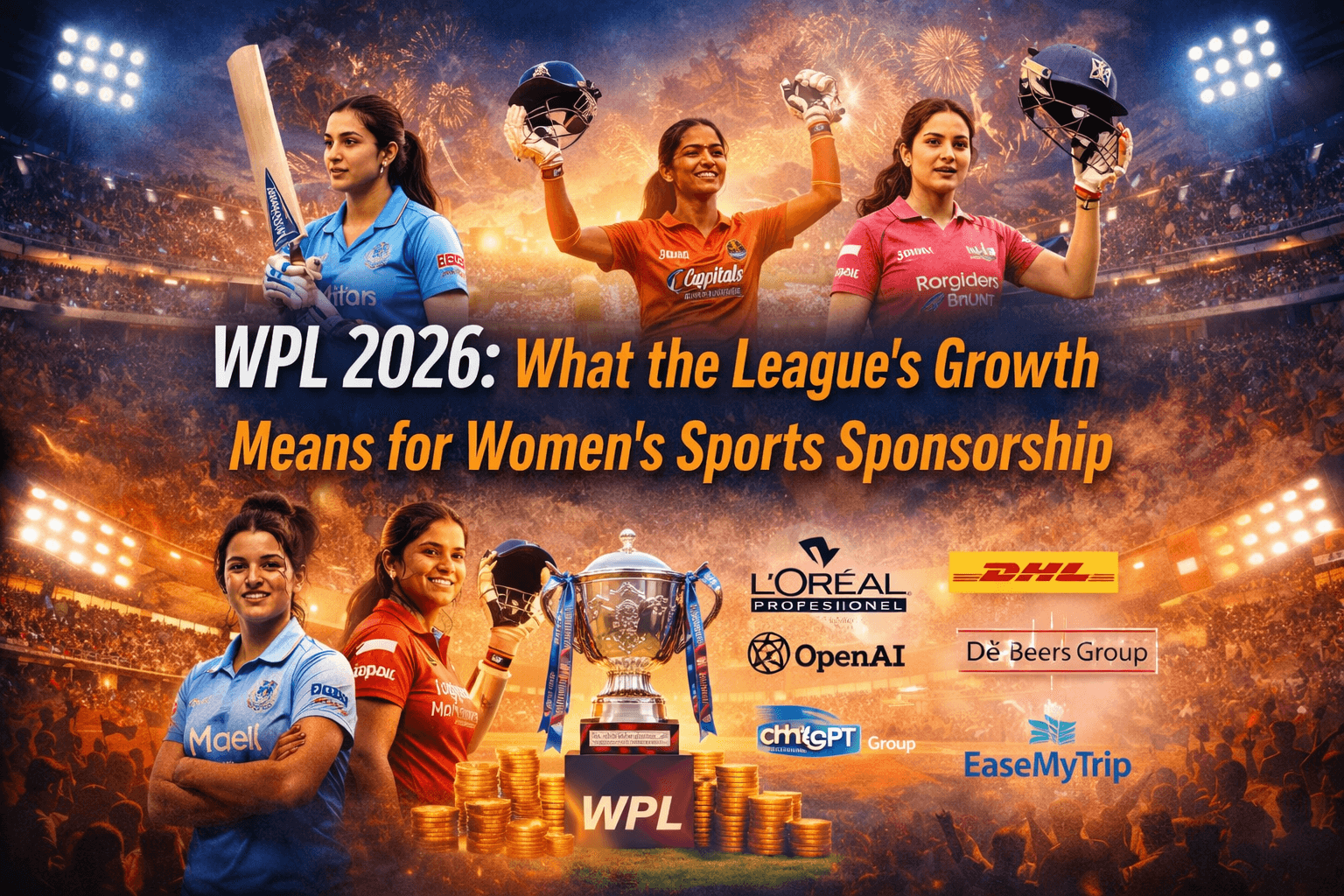 A celebratory graphic for WPL 2026 featuring five women cricketers in various team jerseys, with the central player holding a helmet high in victory. The WPL trophy sits on gold coin stacks in the foreground, surrounded by prominent sponsor logos including L'Oreal, DHL, OpenAI, De Beers Group, and EaseMyTrip. The headline reads: "WPL 2026: What the League's Growth Means for Women's Sports Sponsorship.